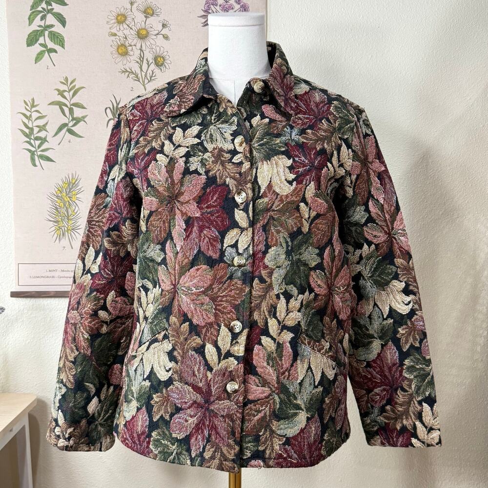 Vintage 90s Y2k Floral Leaves Tapestry Jacket Whimsigoth Cottage Fairy Grunge M